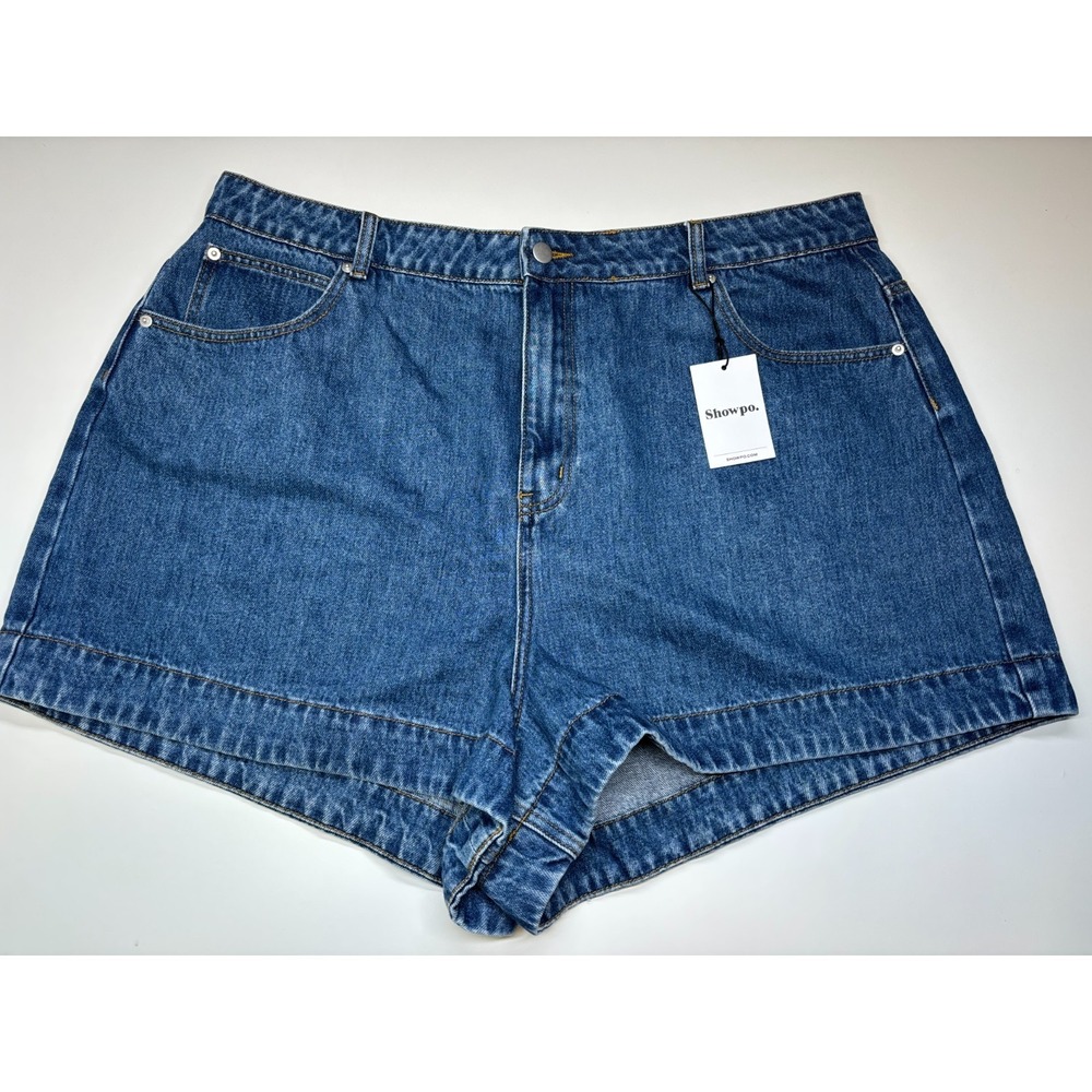 Showpo Denim Shorts Womens 16 Blue Jean Rhianna Mid Waist New